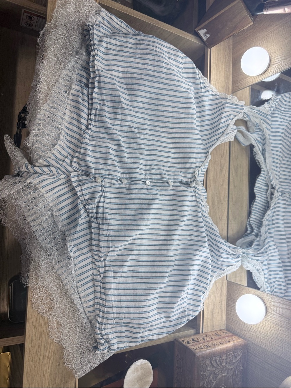 VS Blue and White Striped Lace-Trim Crop Top Set
